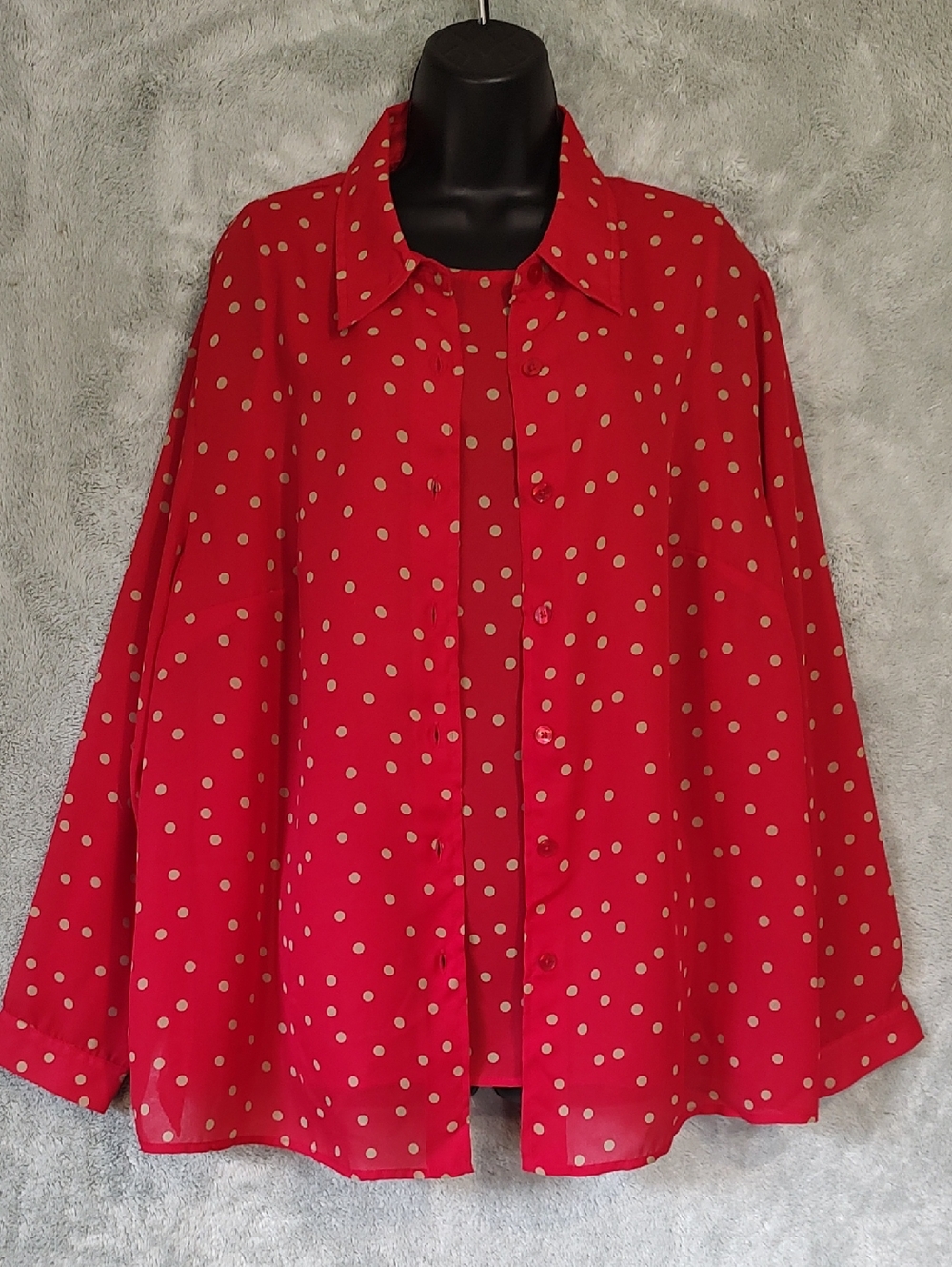 Dialogue Red Button-Down Blouse with Cream Polka Dots